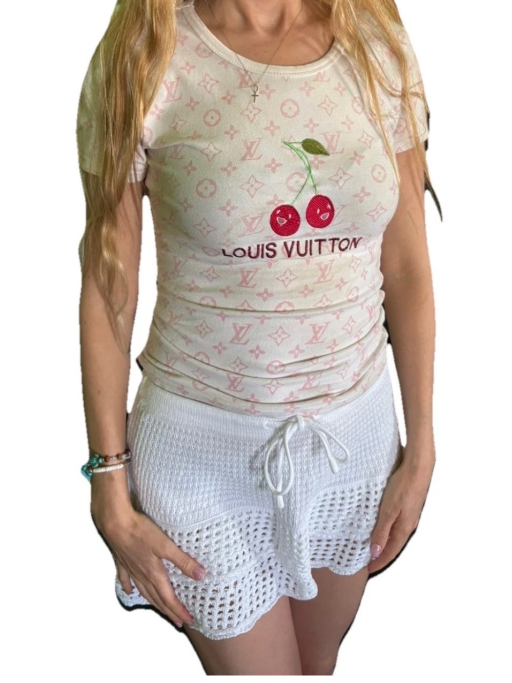 Vintage pink and white cotton baby tee shirt with embroidered cherry graphic XXS